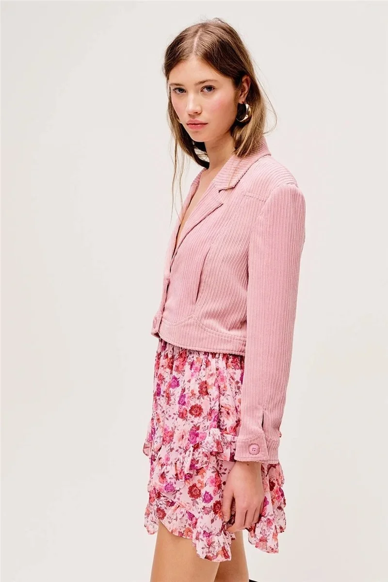 New Pink Corduroy Short Blazer Suit Women Sweet Slim Single Breasted Solid Colors Casual Office Blazer Y2k Retro Cute Streetwear