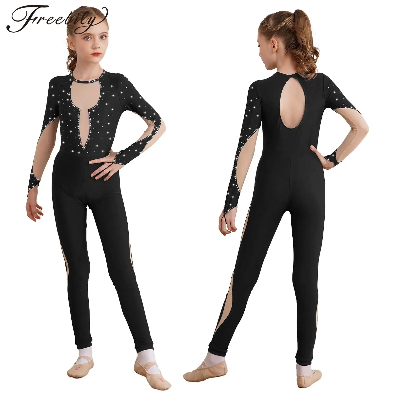 Girls Dance Costumes Kids Girls Figure Skating Bodysuit Ballet Dance Gymnastics Acrobatics Yoga Leotard Long Sleeve Shiny Sheer Mesh Unitard Jumpsuit
