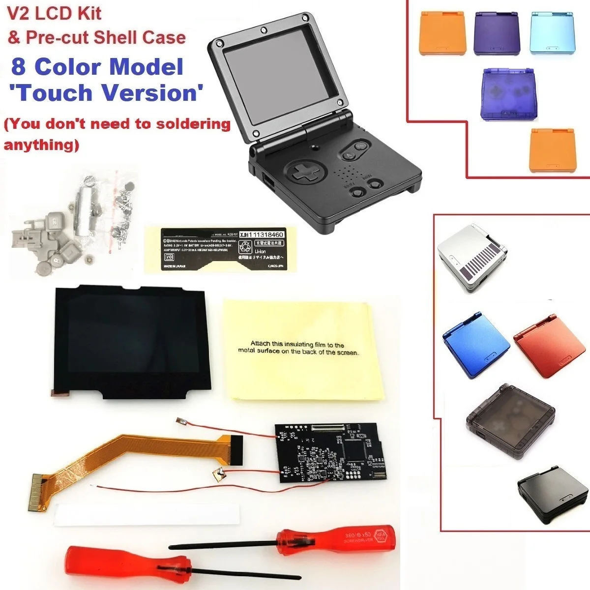

Touch Version GameBoy LCD 8 Color Models V2 iPS Backlit LCD For Game Boy Advance SP For GBA SP Console And Pre-cut Shell Case