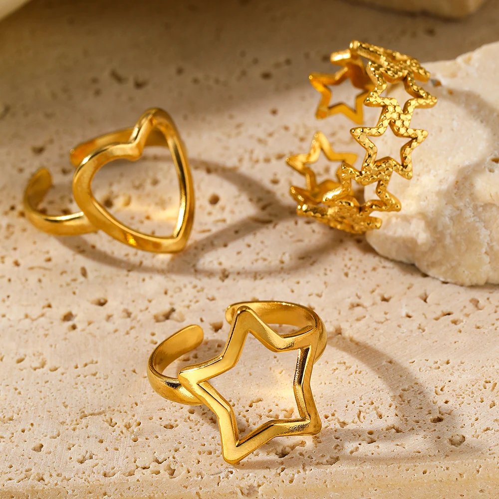 Stainless Steel Rings Love Heart Shiny Star Delicate Pattern Rings For Women Jewelry for Friends Party Gift Adjustable Opening 3