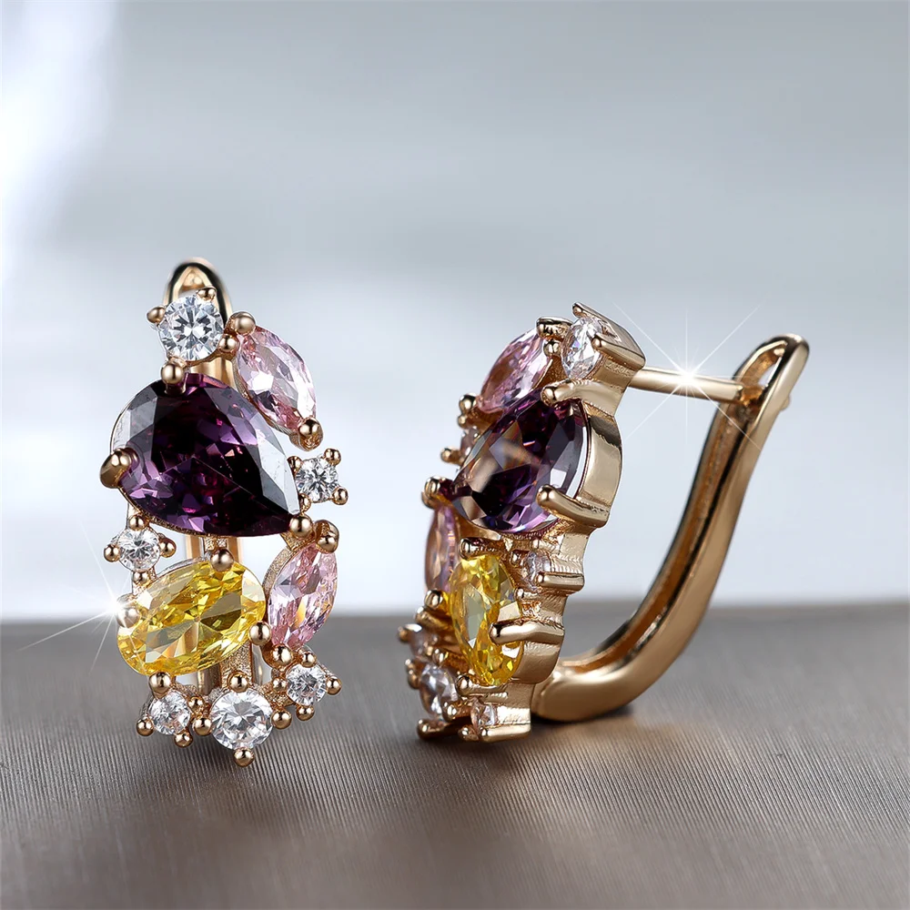 Purple Crystal Multicolor Water Drop Stone Hoop Earrings For Women Vintage Gold Color Ear Buckle Wedding Jewelry Engagement Gift