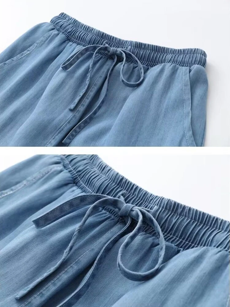 Měkké džínové dámská kalhot celistvý elastická pás volné široký noha kalhot jednoduchý móda štíhlý přímo calf-length kalhot 2024 léto nový
