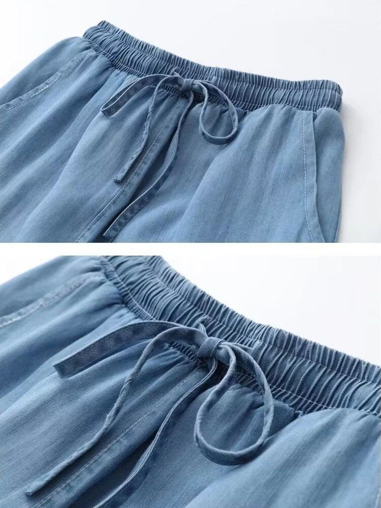 Zachte Denim Damesbroek Effen Elastische Taille Losse Wijde Pijpen Broek Eenvoudige Mode Slanke Rechte Kuitbroek 2024 Zomer Nieuw