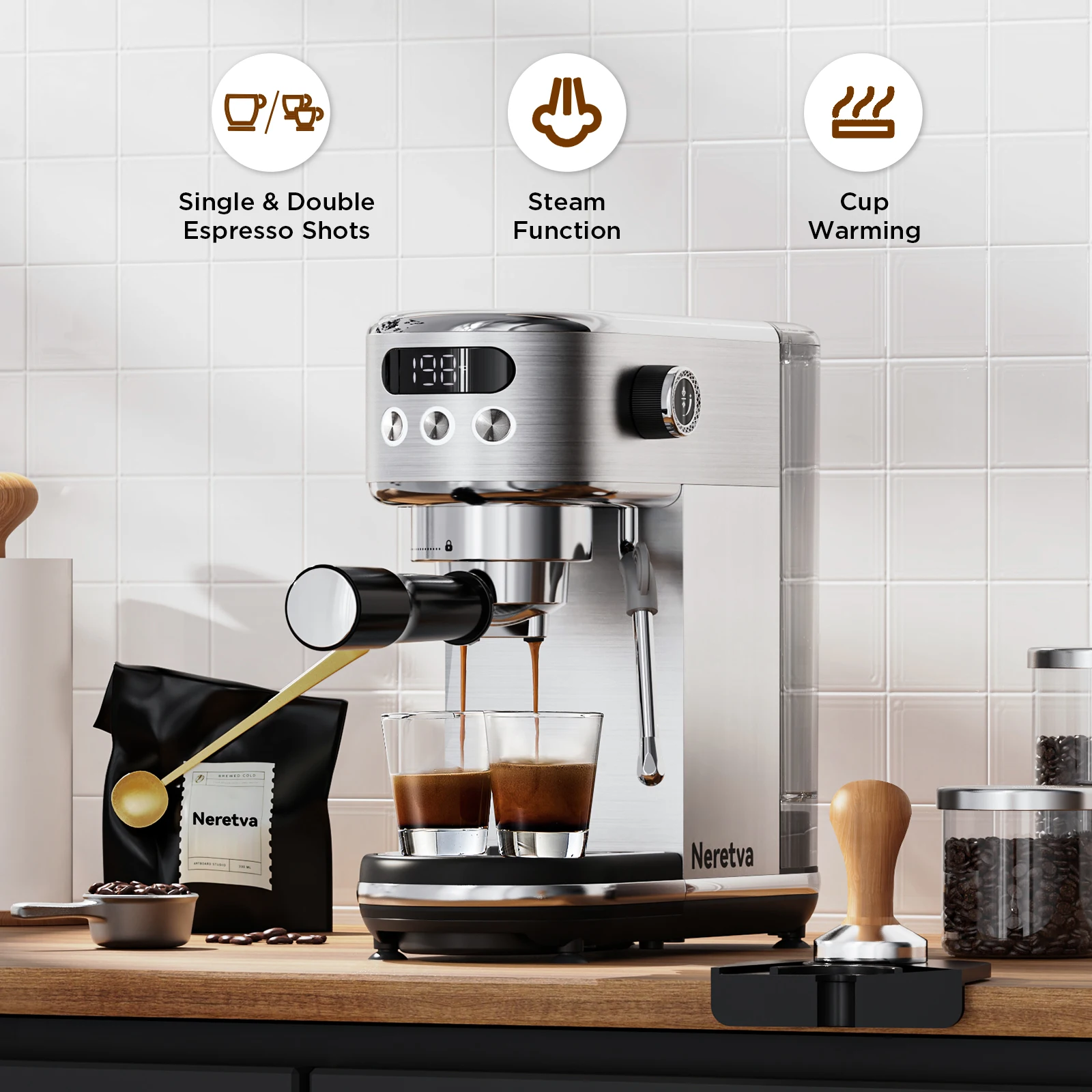 Neretva 20 Bar Espresso Machine Compact Espresso Maker with LED Display & Milk Frother for Home Barista Stainless Steel 2