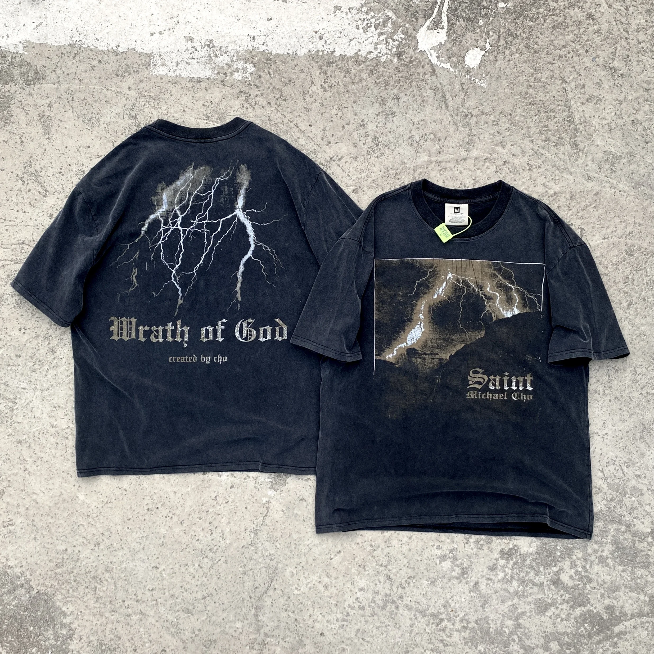 

Summer SAINT MICHAEL Thunder God's Wrath Lightning Print T Shirt Men Women Top Quality Vintage Washed Black Tees T-shirt GYM