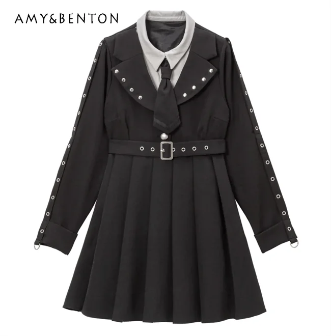 

Japanese Mine College Style Dress Lady Tie Lapel Belt Slimming False Two-Piece Dress Long Sleeve Dress for Women Autumn