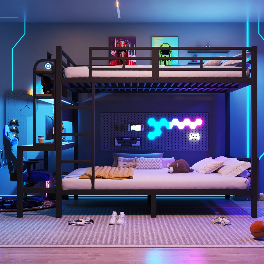 Etagenbett 140x200cm, Eisenrahmen, Stauraum, Schreibtisch mit LED-Lichtleiste, USB-Anschluss, Sicherheitsgeländer, Leiter, ohne Matratze – Detail 24