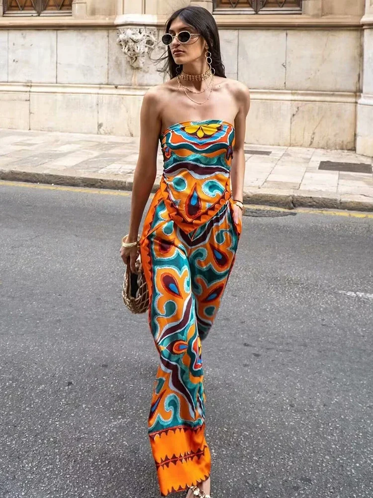 Vintage Women Loose Boho Two Piece Set 2024 Summer Fashion Ladies Vocation Satin Pant Sets Chic Female Trouser Suit Outfits