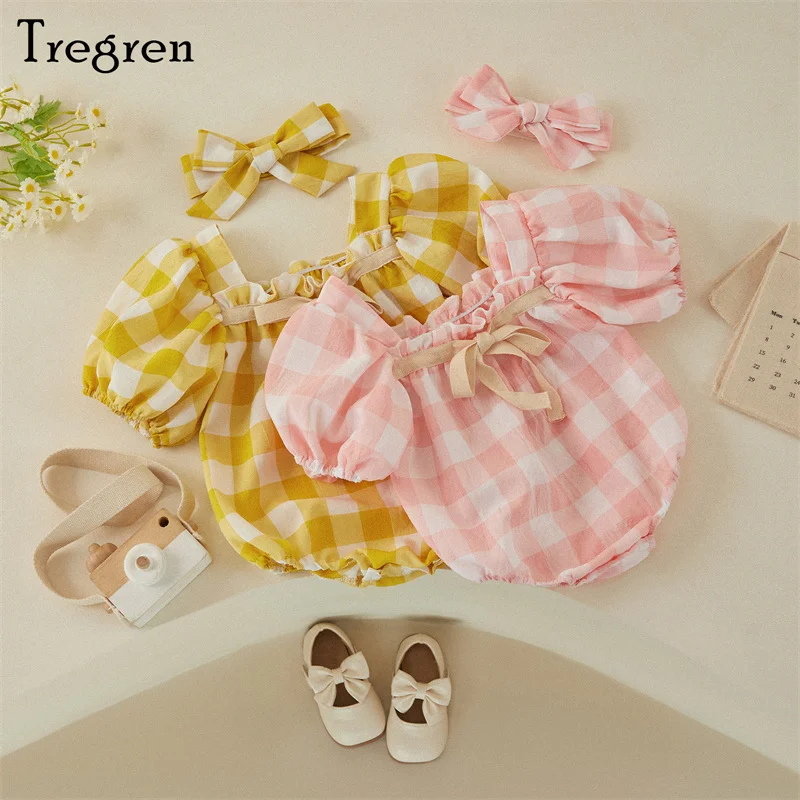 

Tregren 0-24M Cute Newborn Infant Baby Romper Summer Short Sleeve Boat Neck Plaid Casual Party Street Short Tops + Head Band