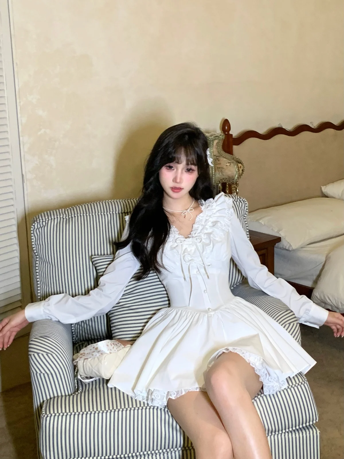 Elegant White Short Dresses for Women Lace Ruffles V-neck A-line Birthday Party Dress Korean Korean Y2K One Piece Mini Vestido