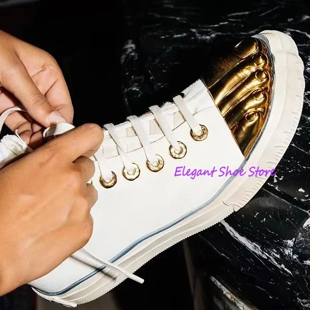 Gold Five Fingers High Top Canvas Shoes Trendy Lace-Up Flat