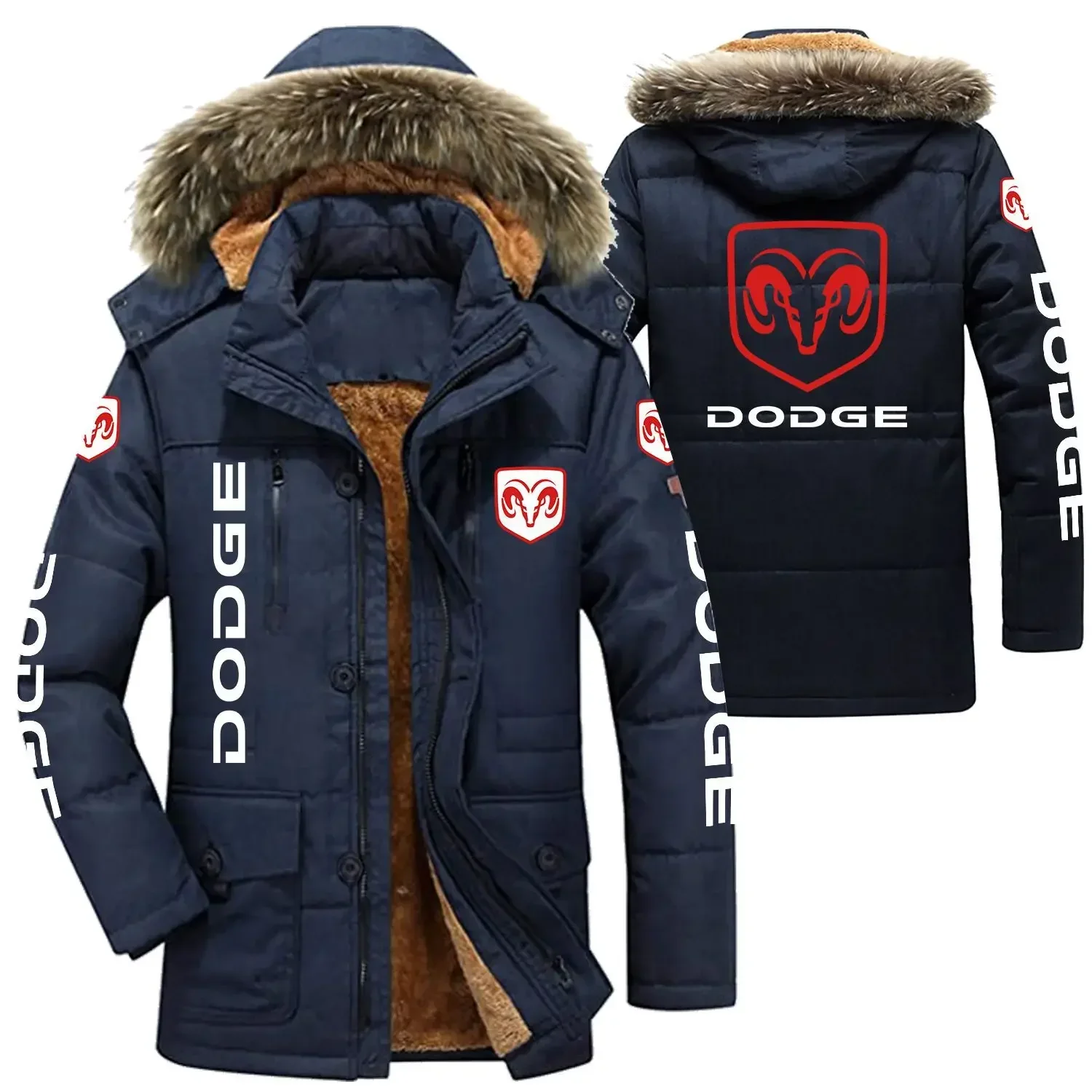 DODGE Logo Men's Winter Cotton Jackets Hooded Parkas Lamb Fur Lining Plush Men Cold Thickening Fashion Motorcycle Jacket 2
