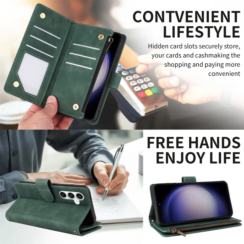 Multifunctional Zipper Purse Wallet Crossbody Case For Galaxy S23 FE Magnetic Closure Flip Folio Leather Case Phone Book
