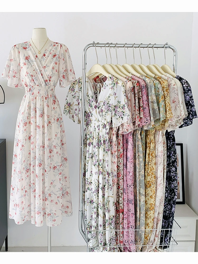 Summer Floral Women Chiffon Dresses Casual Beach Holiday Short Sleeve V Neck print Woman Midi Dress