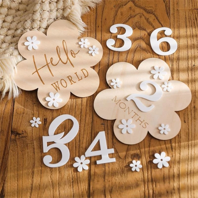 

1Set Wooden Baby Month Milestone Card Flower Shape Record Card Newborn Birthday Gift Souvenir Baby Photo Photography Accessories