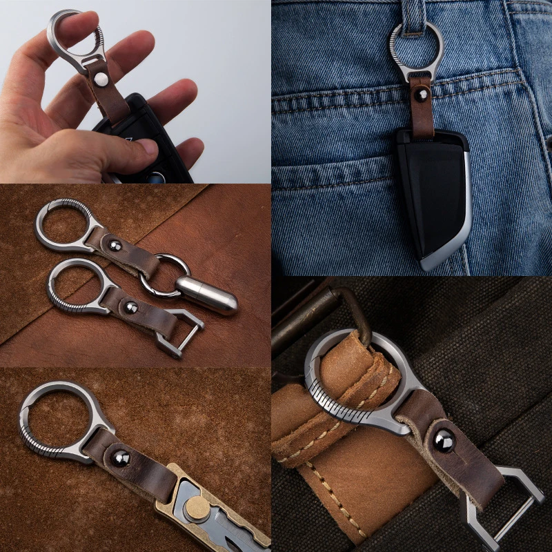 High Quality Men's Cowhide Waist Hanging Car Key Chain High-End Super Light Titanium Alloy Keychain Key Ring Father's Day Gift