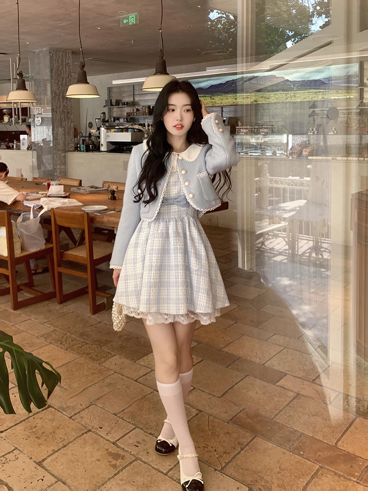 Japanese Kawaii Plaid Strap Dress Women Sweet Bow Designer Party Midi Dress  Female Casual Korean Fashion Winter Cute Dress 2022