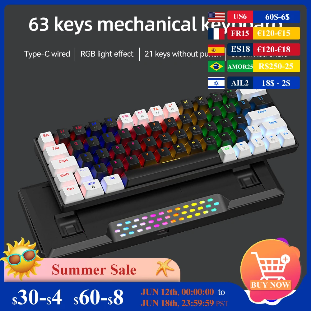 Mechanical Keyboard 63 Keys Blue /Red Switch Cooling RGB Backlit Keypad
