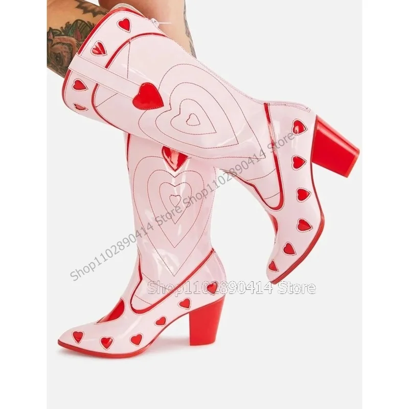 

Red Pink Heart Pattern Sewing Design Pointy Toe Boots Back Zipper Women Shoes Strange Style Heel Runway 2023 Zapatos Para Mujere