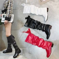2023Shoes For Women  Knee High Boots Red Black White Tall Boots Woman Pleated Low Heel Casual Leather Female Long Shoes - Image 5