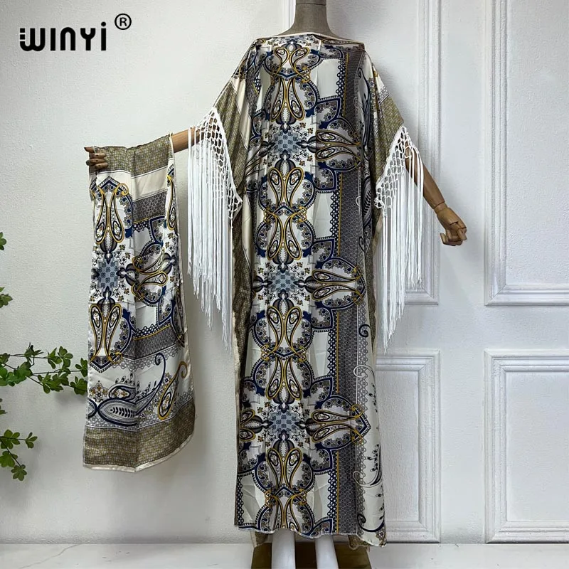 

WINYI Bohemia print Africa tassels long dress Dubai Muslim Dashiki Kaftan With belt Middle East holiday party dress فساتين طويلة