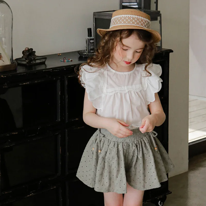 

2023 Summer Korean Children Wear Children Girls Solid Color T-shirt Clothes Girl Clothes White Blouse for Girls Cotton Blouse