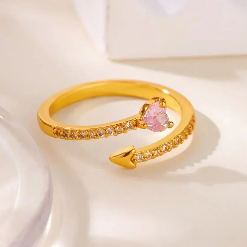 Zircon Pink Heart Rings for Women Adjustable Stainless Steel Jewelry Daily Wear