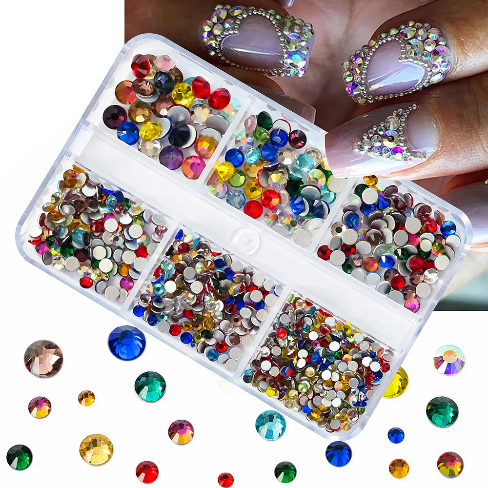 

6Grids Colorful Mix Size Nail Diamond Crystal 3D DIY Bling Non Hotfix Rhinestone Glitter Gems Strass For Nail Art Decorations