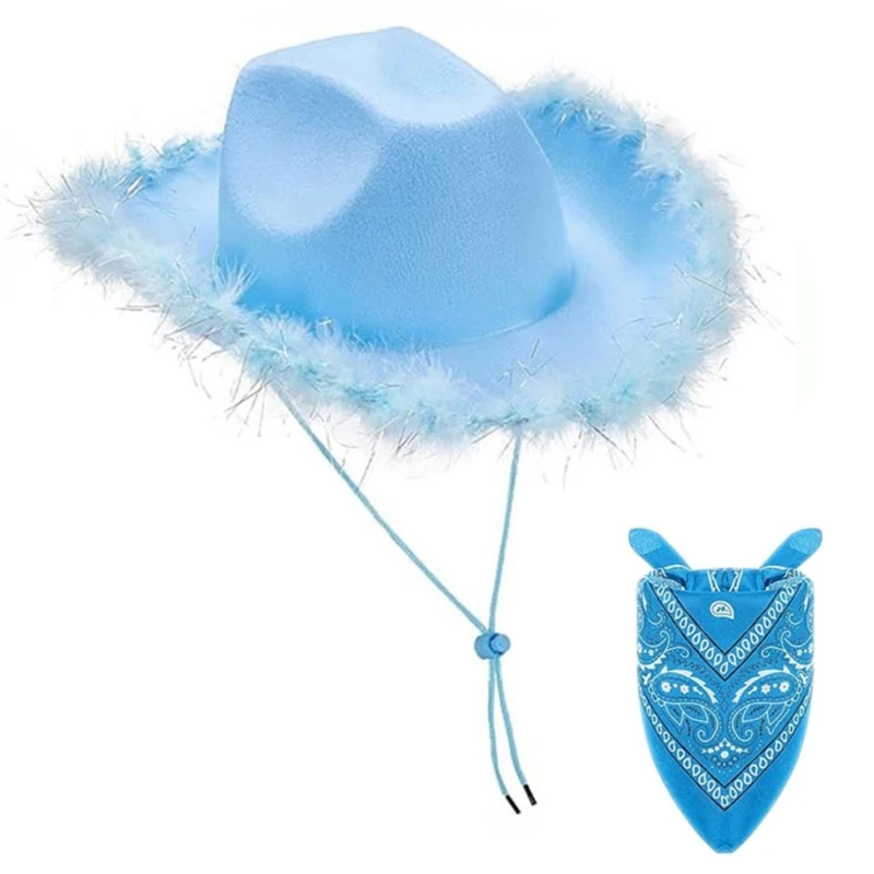 Cowboy Costume Set Western Wide Brims Cowgirl Hat Print Scarf Bandanas Adult NightClub Party Roleplay Headwear 2PCS