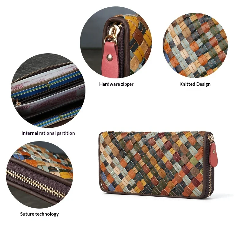 Elegant Woven Leather Women's Clutch with Ample Card Slots and Phone Compartment