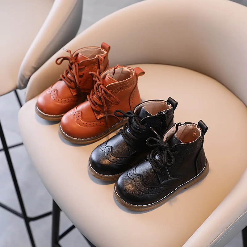 

Children Boots British Style Fretwork Pu Leather Brown Black Boys Girls Short Boot 21-30 Toddler Zipper Solid Color Kids Shoes
