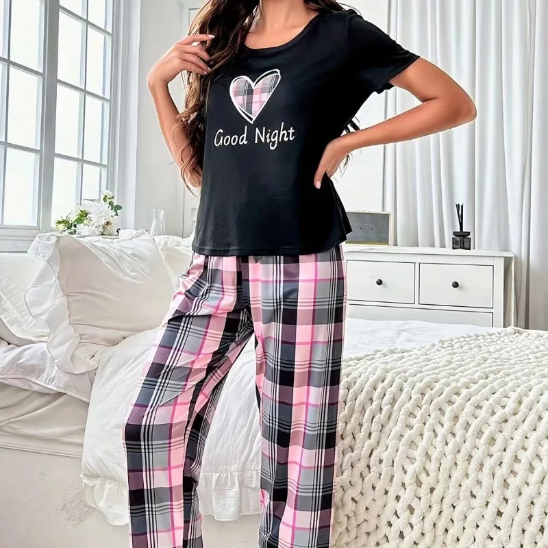 Women's Short Sleeve Crew Neck Top With Shorts And Pants 3 Piece Loungewear Sleepwear Lounge Sets Nighty Print Casual Pajama Set