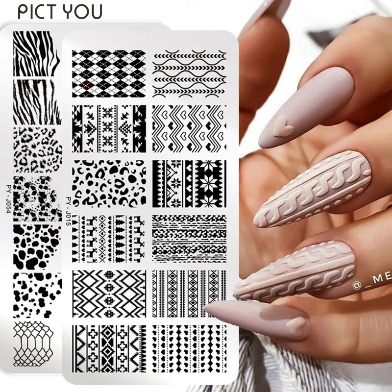 

PICT YOU Sweater Plaid Nail Stamping Plates Lines Animal Geometry Fruit Theme Template Plate Mold Nail Art Stencil Tools