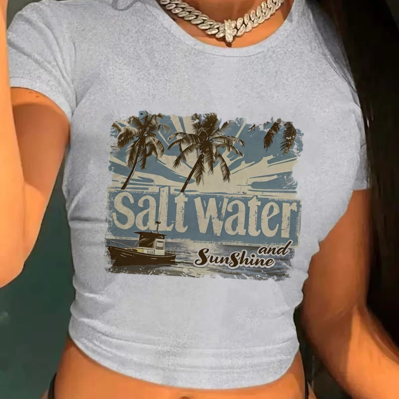 90s Spring Summer Sexy Crop Tops Vintage Retro Clothes Women's Crew Neck Short Sleeve Cropped T Shirt with Salt Water Print Girl 6