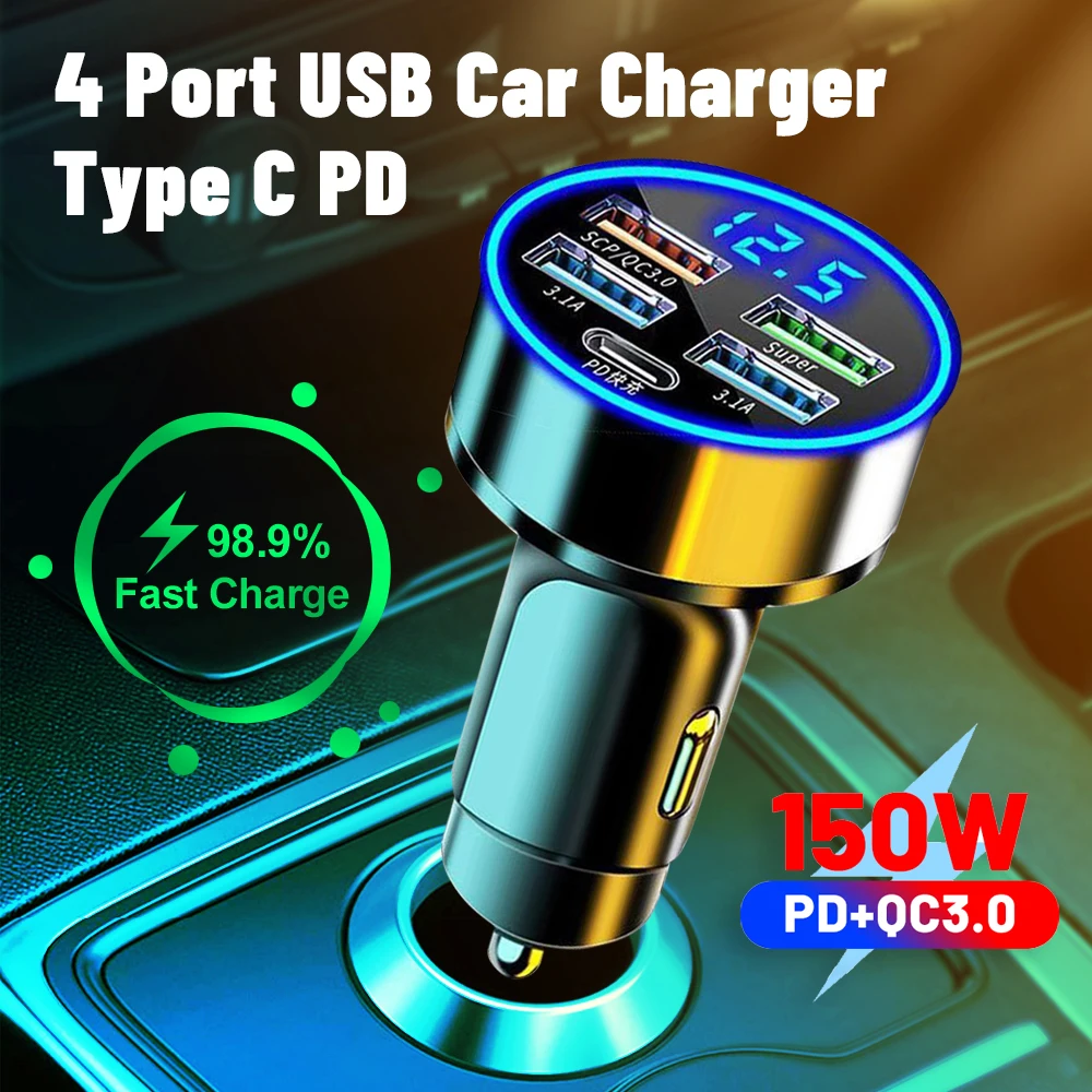 

AIXXCO 5 Ports 150W Car Charger Fast Charging PD QC3.0 USB C Car Phone Charger Type C Adapter in Car