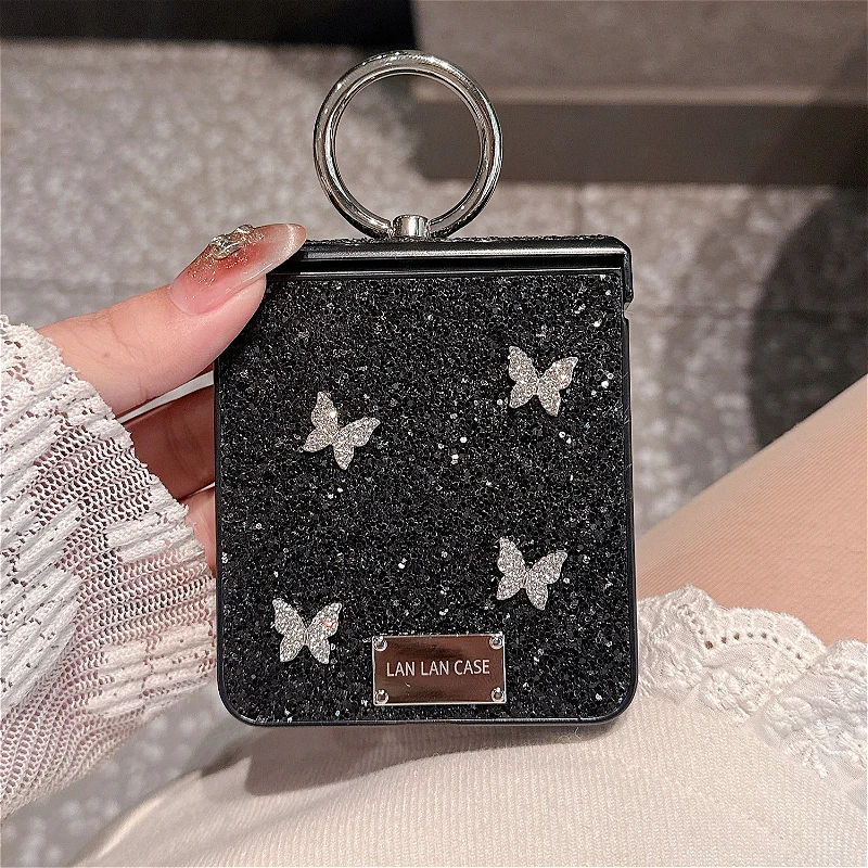 Luxury Glitter 3D Butterfly Ring Case with Shockproof Back Cover and Plain Hinge Design
