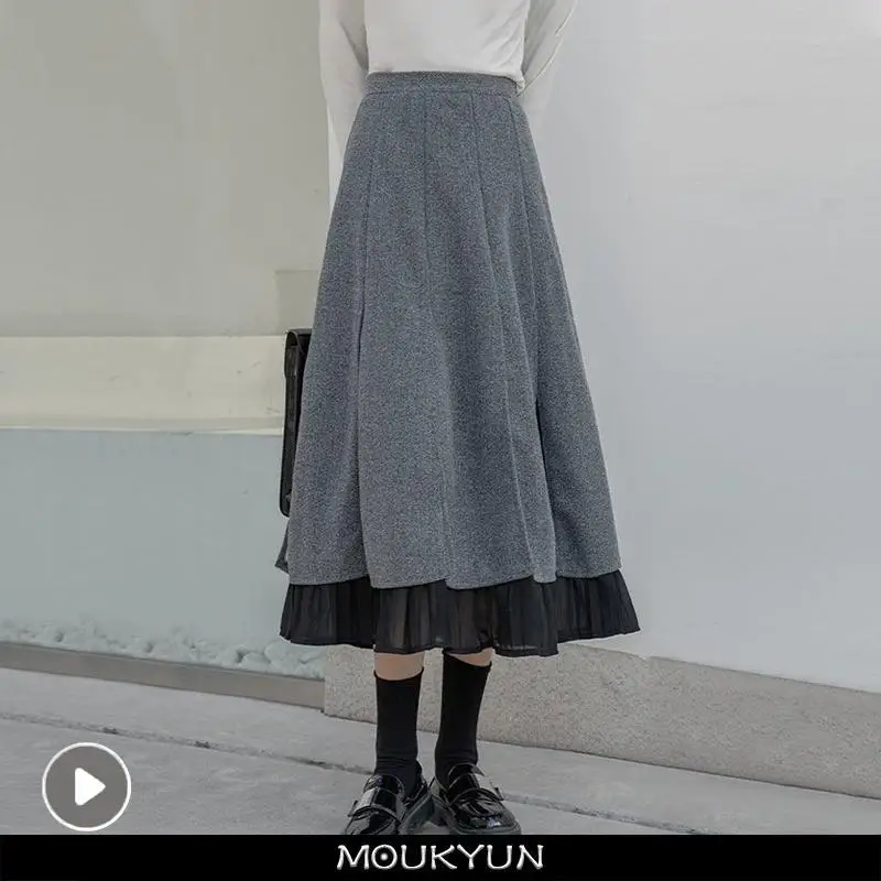 

MOUKYUN Autumn Winter Gray Skirts Female Elegant High Waist Spliced Long Skirt Women Vintage Thicken A Line Pleated Skirts
