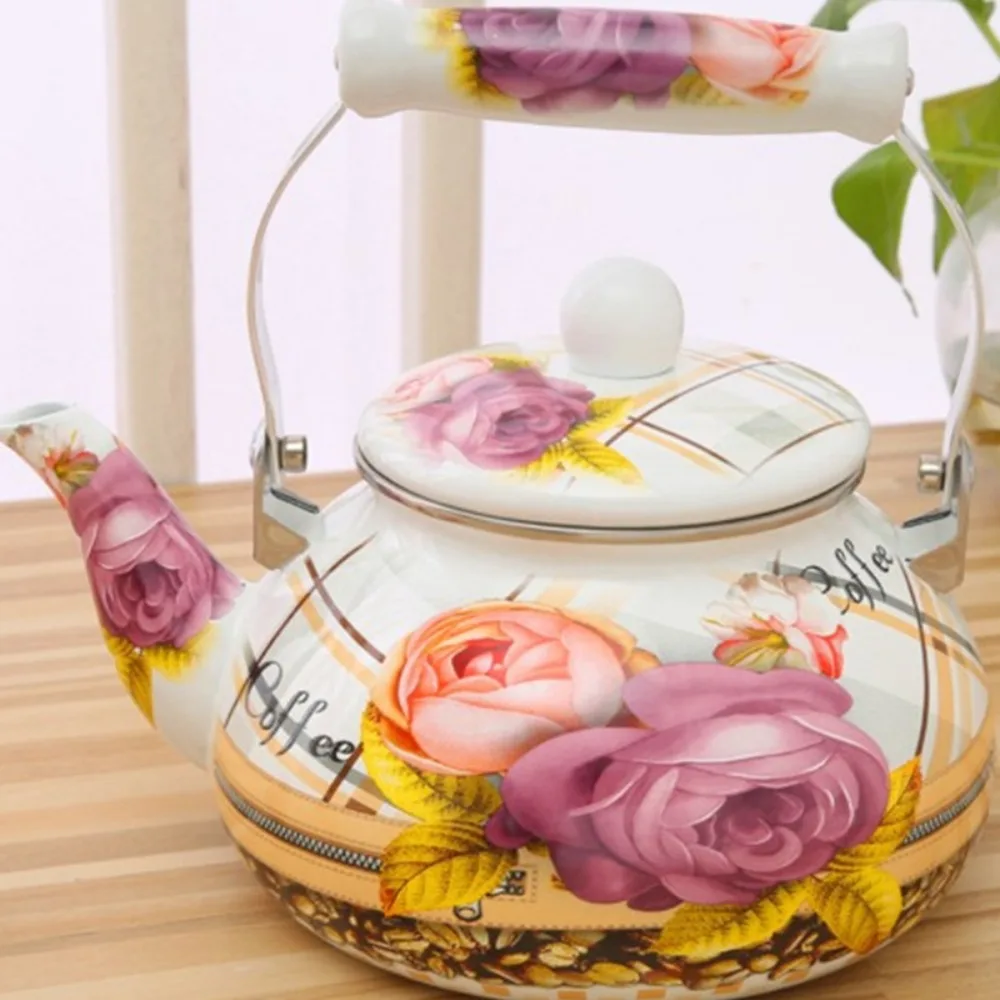 Chinese Style Enamel Teapot Floral Enameled 2.5L Gas Water Kettle Pear-shaped Antiscald Handle Tea Jug Gas Induction Cooker