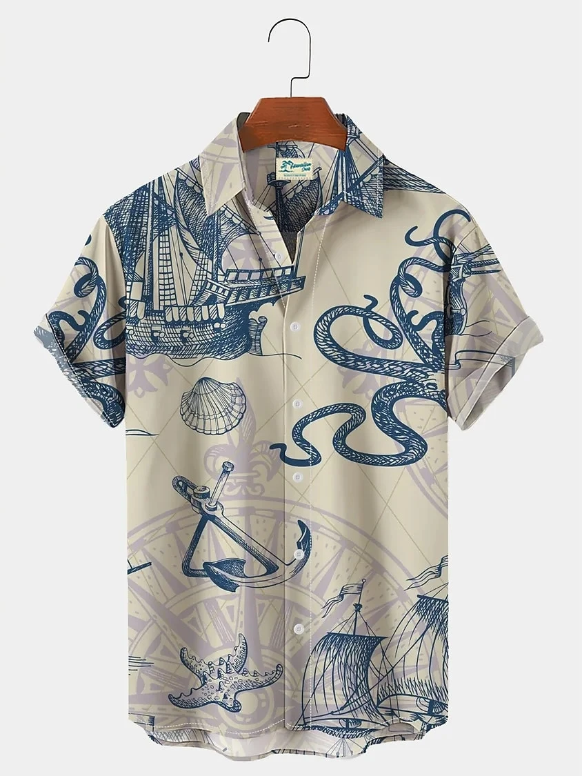 New Men's Short Sleeve Shirt Sailing Print Men's Hawaiian Lapel Top Beach Casual Large Size Comfortable Shirt
