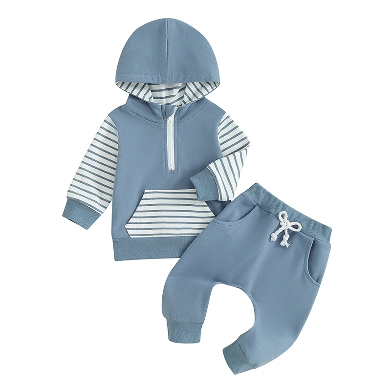 

Fall Winter Baby Boy Outfit Striped Long Sleeve Half Zip Hoodie Jogger Pants Set 2Pcs Toddler Infant Clothes