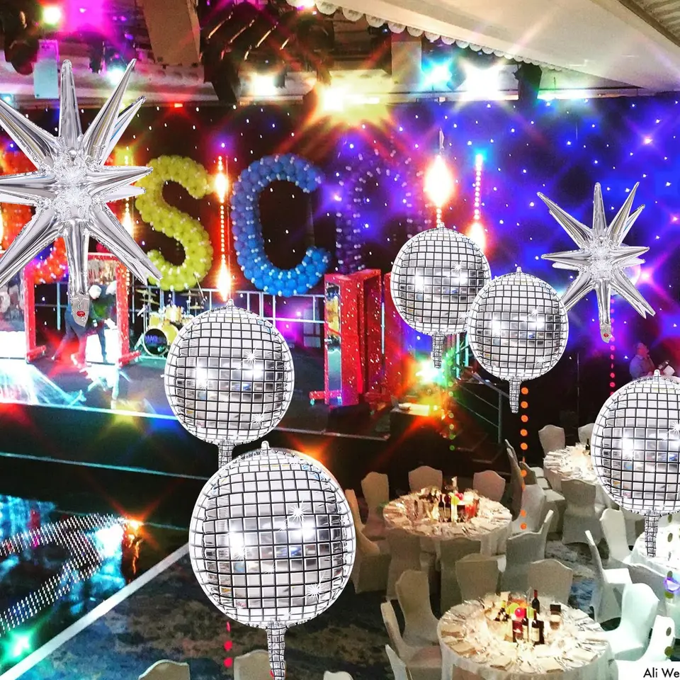 15 palloncini da discoteca, enormi palloncini in lamina di alluminio con stella esplosiva d'argento per compleanno, addio al nubilato, decorazioni per feste in discoteca a tema anni '80 anni '90