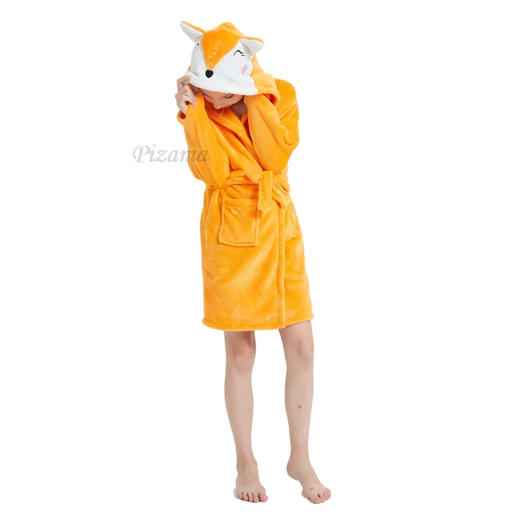 Girls and Boys Fox Kigurumi Animal Cartoon Bathrobes Winter Warm Flannel Bath Robe with Belt Kids Pajamas Sleepwear Homewear kids pajamas set flannel pajamas child bathrobe kids robe