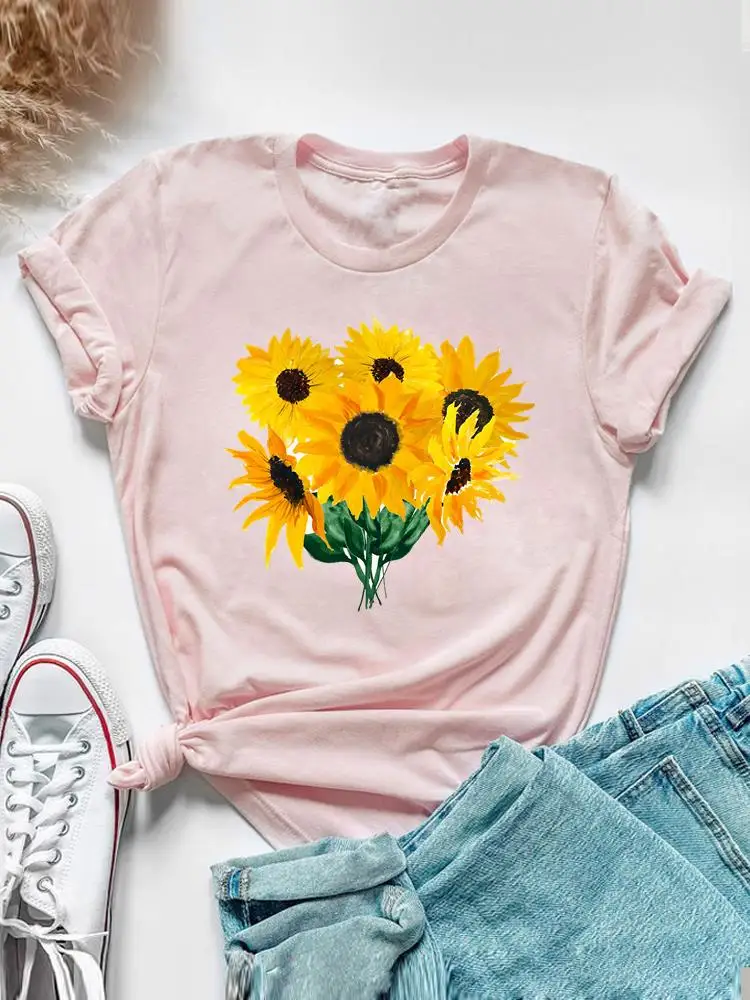 Sweet Watercolor Flower 90s Clothing Short Sleeve Tee Top Summer Graphic T Shirt Women Fashion Casual Female Print T-shirt