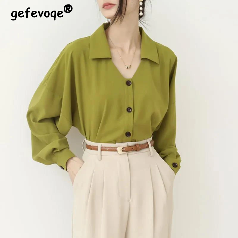 2023 Spring Summer Polo-neck Elegant Fashion Green Shirt Ladies Long Sleeve All-match Buttons Blouse Women Loose Casual Cardigan