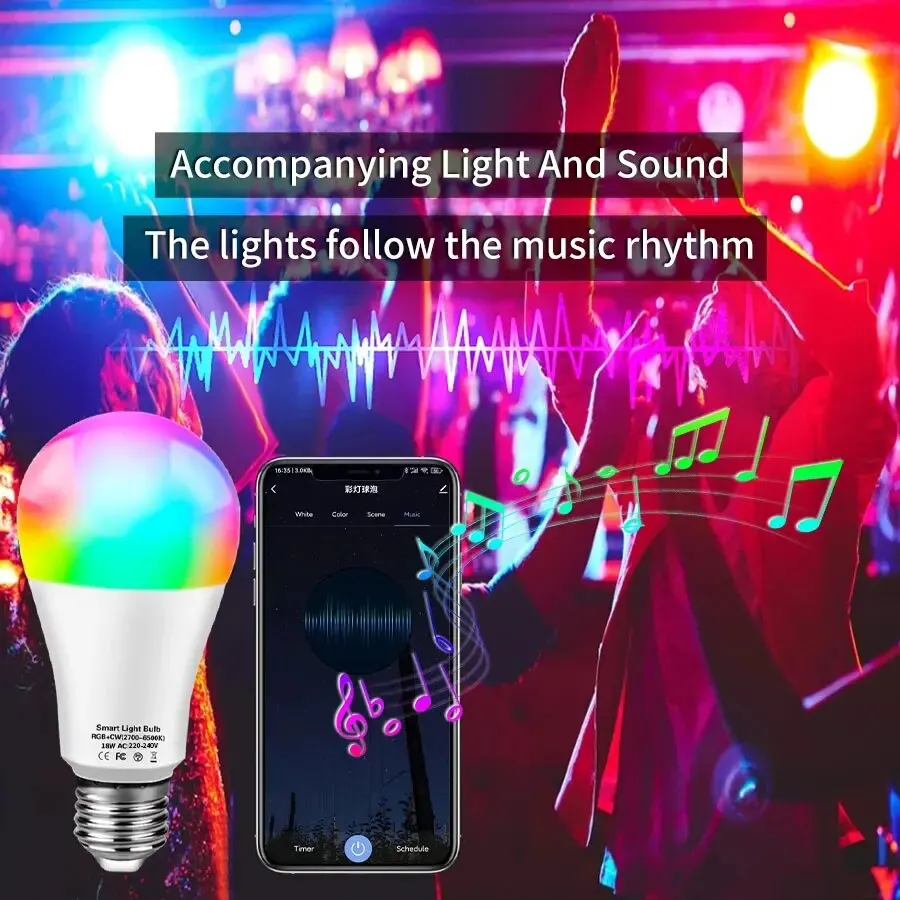 Smart RGB LED Light Bulb with Adjustable Wattage - E27 Base, Tuya-Controlled, Zigbee-Enabled, Multicolor, Voice Assistant Compatible