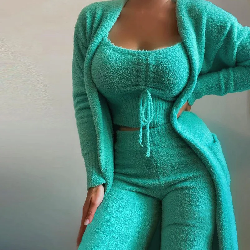 

Women's Autumn and Winter New Fashion Plush Lace Up Suspended Shirt Coat Pants Set