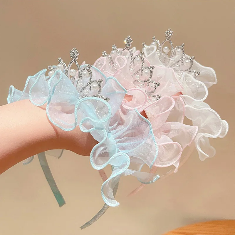 Cute Baby Kids Princess Rhinestone Headband for Girl Mesh Pearl Crown Hair Hoop Children Birthday Party Hair Styling Headwear