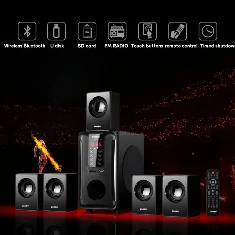 5.1 Intelligent Home Combo Theater Bluetooth Speaker Wooden Subwoofer 3D Surround Sound Memory Play FM Radio with Remote Control