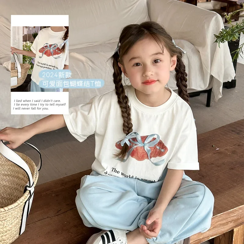 

Children Clothing Kids Casual Cartoon Print Cute Pattern T-shirt 2024 Summer Girls Korean Style Bow Short Sleeve Casual T Shirt
