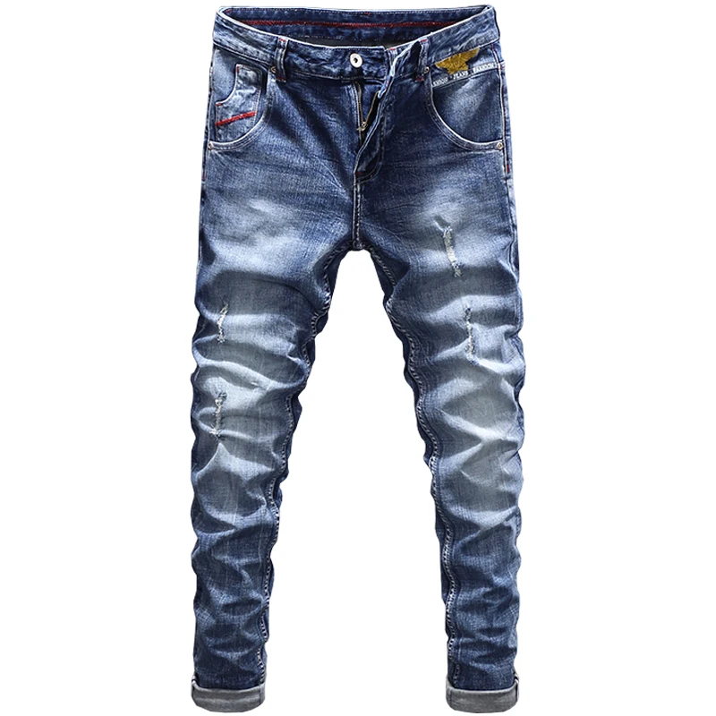 Italian Style Fashion Men Jeans Retro Blue Elastic Stretch Slim Ripped Jeans Men Embroidery Designer Vintage Denim Pants Hombre